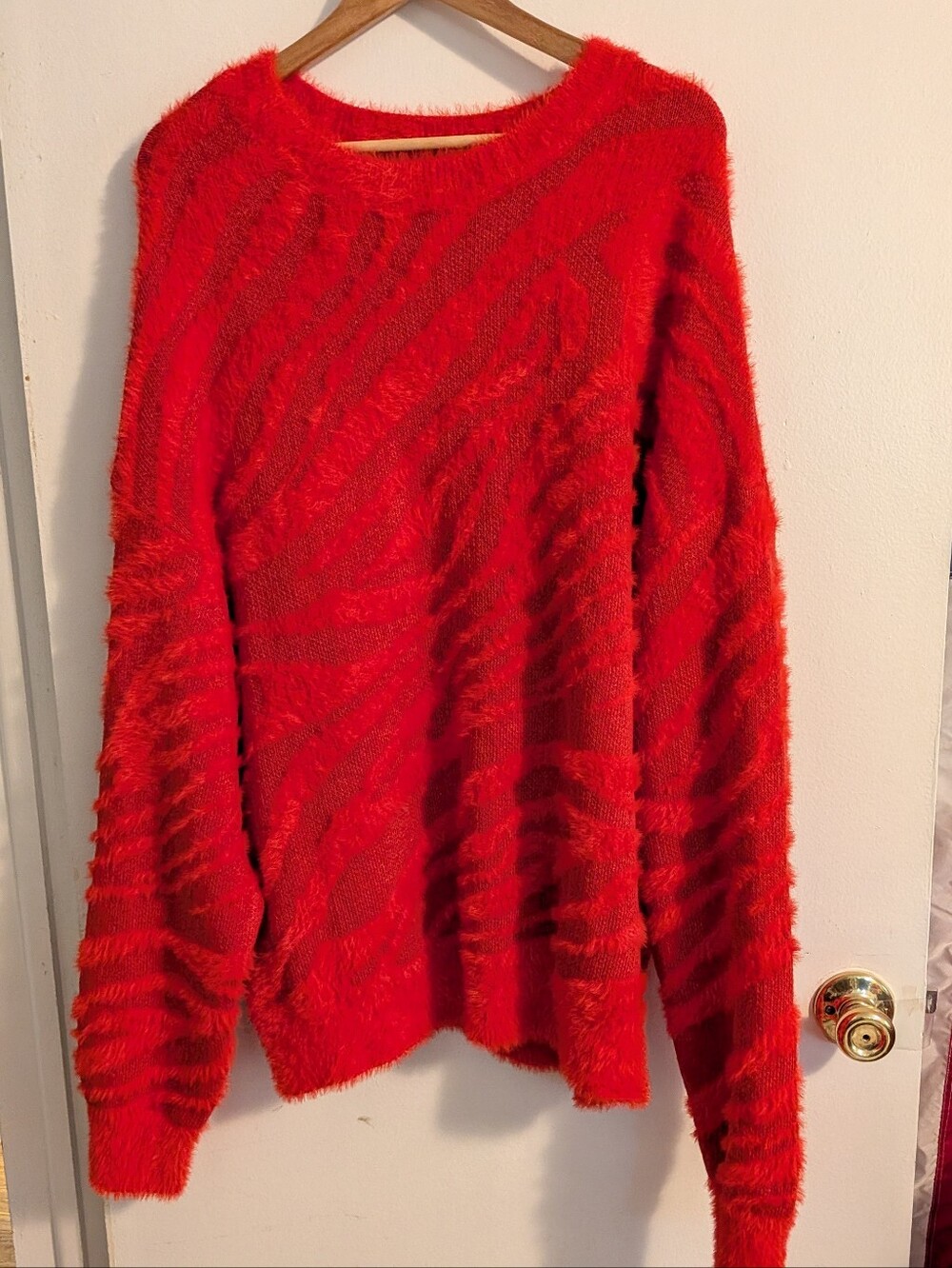 Fashion Nova Red Fuzzy Zebra-Pattern Crewneck Sweater
